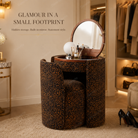 Ensemble de coiffeuse gain de place à imprimé léopard avec miroir rond rabattable, table de maquillage et bureau de rangement, suite de luxe, mobilier rembourré