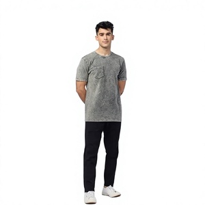 T-shirt en coton délavé gris pour homme, manches courtes, col rond, coupe classique, couleur unie, jersey tricoté, design respirant - Product Image 3