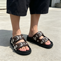 Sandales à enfiler pour homme en cuir PU, avec logo personnalisé, style western ouvert, à double boucle et rivets, clous argentés rétro, plateforme épaisse, mode été