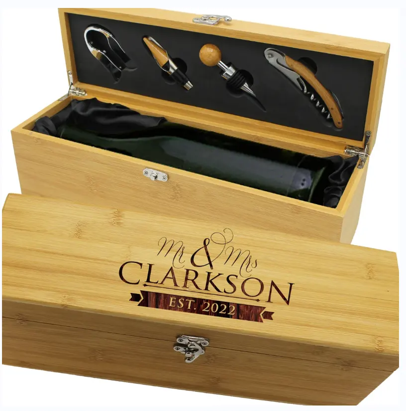 JUNJI Birthday Gift for Wine Lover  Personalized Bamboo Wine Box with Tools  Custom Engraved Wooden Box