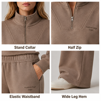 Ensemble de survêtement ODM pour femme, marron mocha, en molleton de coton délavé, avec pull à col montant et fermeture éclair mi-longue et pantalon droit à jambes larges