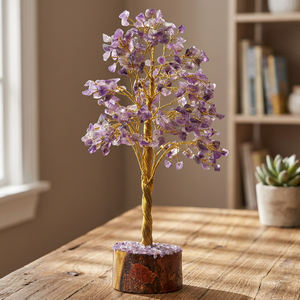 Achetez un arbre en cristal de pierre précieuse naturelle à 100 %, améthyste, fil doré sculpté et gravé, décoration Feng Shui pour la maison - Product Image 1