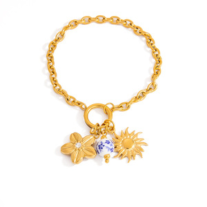 Pulsera de Acero Inoxidable con Dije de Flor de Porcelana Azul y Blanca, Chapada en Oro de 18K, Joyería para Mujer, Regalo, Colgante de Moda - Product Image 5