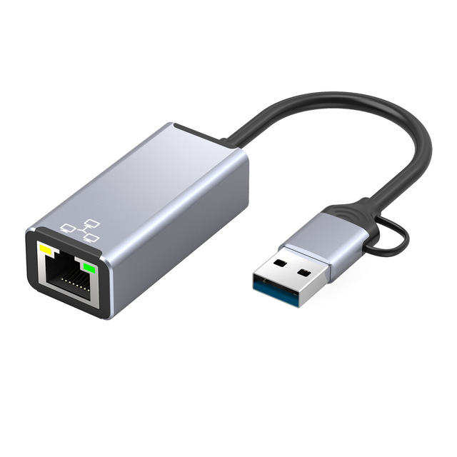 Aluminum Alloy Silver 2-in-1 USB 3.0 C to Gigabit Ethernet RJ45 Adapter Link/1000Mbps LED 12-Month Warranty for PC Phone Stock