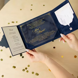 Customized luxury matte blue velvet wedding <b>invitation</b> with gold foil acrylic cardstock - Product Image 6