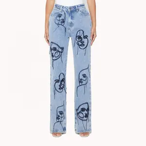 Tùy chỉnh Womens jeans cổ điển bùng Quần Baggy Jeans thẳng ánh sáng màu xanh dòng nghệ thuật bạn trai jeans người phụ nữ