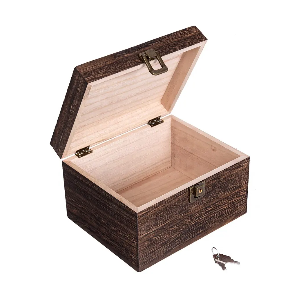 Hinged Lid Large Wooden Box Storage or Memory Keepsake Locking Wooden Stash Box