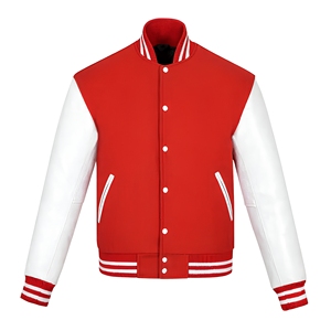 Chaqueta Varsity para Hombre en Rojo y Blanco con Bloques de Color, Cuello Alto, Cierre de Botones y Puños Acanalados - Product Image 1