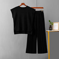 Ensemble deux pièces d'été pour femmes Taille unique en tricot à manches courtes Pull-over confortable Pantalon décontracté Mode Costume ample