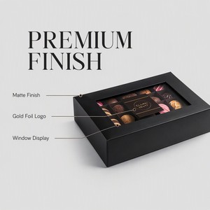 Boîte cadeau en papier noir mat avec fenêtre, couvercle rabattable, logo doré personnalisé, emballage premium pour truffes, OEM, marque privée, vente en gros - Product Image 2