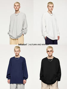 Jiezhan Mens mặc: 305gfog màu áo thun dài tay, 25 mùa thu phong cách Mỹ rắn tinh khiết bông lỏng vài lớp cơ sở - Product Image 2