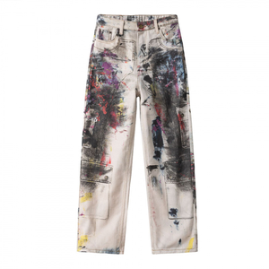 Wholesale <strong>Men</strong> Paint Splatter Cargo <strong>Jeans</strong> White Denim Graffiti Washed Straight Leg Pants Grunge Streetwear Trousers Custom OEM - Product Image 1