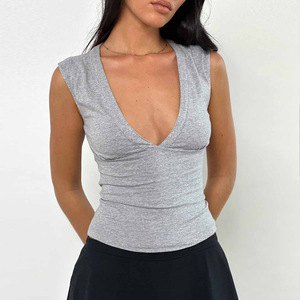 Camiseta sin Mangas con Cuello en V Profundo para Mujer, Modelo TS-032, Informal, de Punto, de Algodón, Ajustada, de Color Sólido, para Verano - Product Image 6
