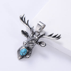 Venta al por mayor de acero inoxidable de alta calidad Vintage 3D diseño ciervo asta alce cabeza turquesa colgante collar para hombres mujeres - Product Image 2