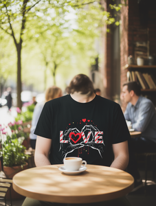 T-shirt Nera con Cuore e Mano, Unisex, Manica Corta, Vestibilità Regolare, 100% Cotone, Stampa Casual in Jersey, Girocollo - Product Image 2