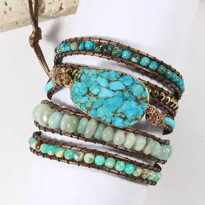Vrouwen Gift Nieuwe Designer Fashion Boho Armband Handgemaakte Gemengde Turquoise Natuurlijke Stenen Charm 5 Strengen Wrap Armbanden