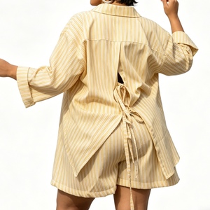 Ensemble 2 pièces chemise et short jaune rayé à dos ouvert avec détail de nouage pour femme Sehe Fashion - Product Image 2