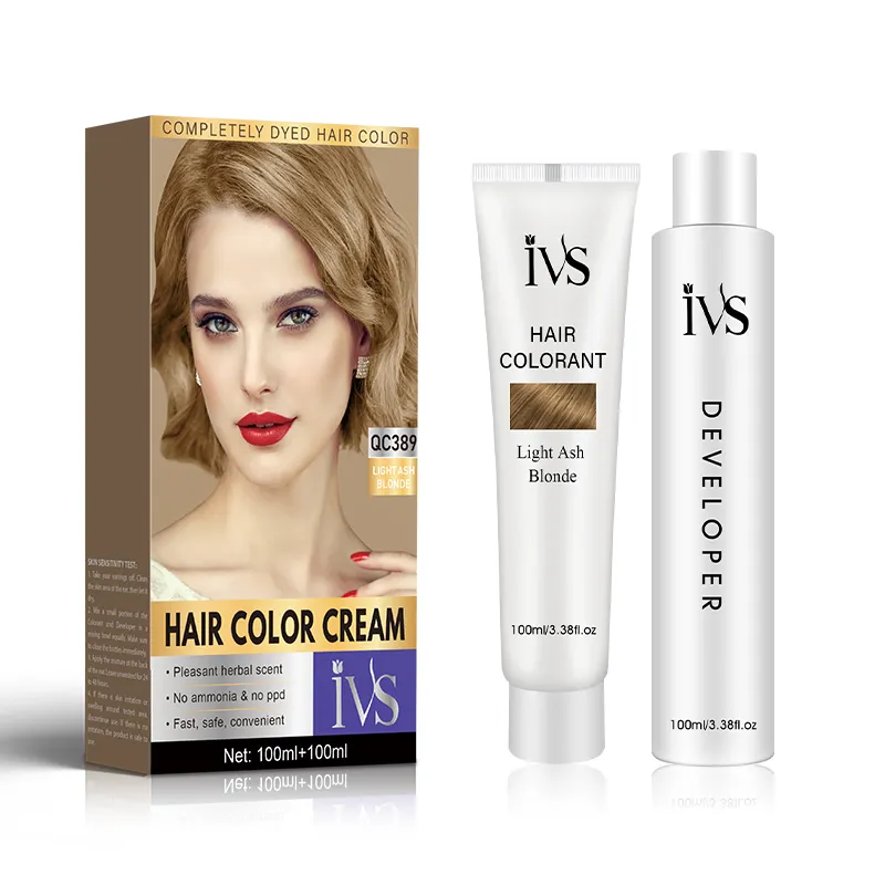 IVS 100ml +100ml Home Use Easy To Dye Halal Ammonia Free No Pungent Odor Light Ash Blonde Hair Color Cream with Developer