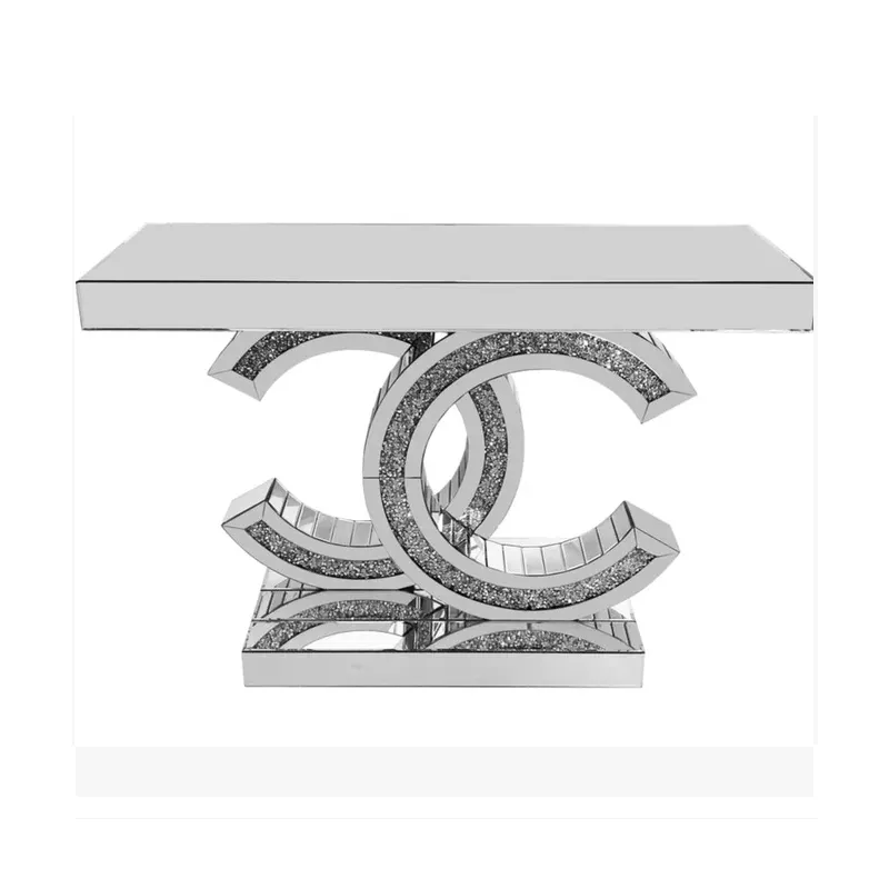 High Quality double c shape mirrored crushed crystal living room furniture curved Side Silver glass console entryway tables