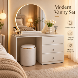 Set Toeletta con Specchio Arcuato, Cassettiera a Tre Cassetti, Pouf Cilindrico, Corpo in Pannelli Crema per Camera da Letto, Casa e Salone di Bellezza - Product Image 4