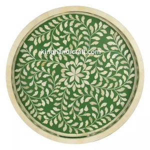 Plateau en bois avec incrustation de nacre bohème pour le Ramadan Eid Mubarak |   Plateau de service flexible artisanal pour aliments, boissons et dattes - Product Image 5