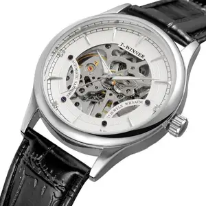 获胜者 8149 新款设计银色男士机械手表透明皮革表带防水骨架自动巨型手表设计