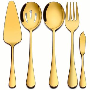 Ensemble de couverts de service en acier inoxydable doré, comprenant un couteau à gâteau, un couteau à beurre, une cuillère à servir ajourée et un ensemble de fourchettes, pour buffet et banquet - Product Image 1