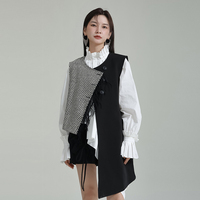 Damen Nischen-Design Vintage-Posing-Stil Karierte Farbblockierung Asymmetrische Lange Ärmellose Mehrlagige Westenjacke