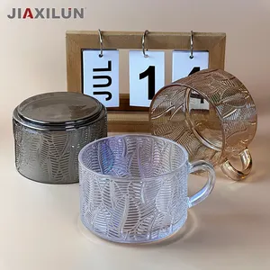 Vintage Three Colors Crystal Glass Coffee Mugs Handgrip Breakfast Cups with Handle Stackable Embossed Milk Mugs Clear Cups