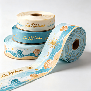 Ruban gros-grain avec logo estampé à chaud, motif plage, soleil et cocotier, pour boîte cadeau de vacances et décoration florale - Product Image 3