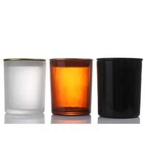 Tempat lilin kaca buram hitam putih Amber kosong 7oz 215ml dengan penutup aluminium bambu