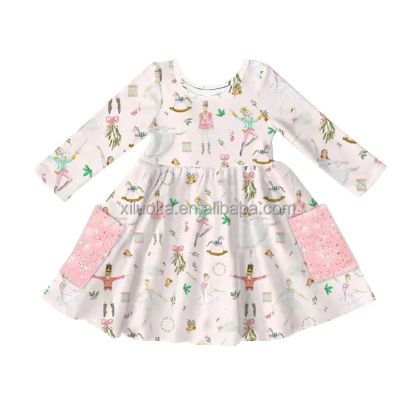 Mutlu Luoka OEM özelleştirilmiş çocuk ck elbiseler noel cep ile Twirl elbise