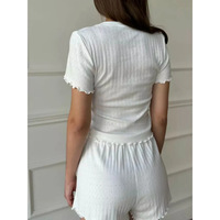 Ensemble de vêtements de maison pour femmes 2025 Mode européenne américaine décontractée Jacquard Col à volants Manches courtes Shorts Skinny Élégant Respirant