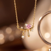 Collier Cœur Rose Populaire Transfrontalier pour Femme, en Cuivre Incrusté de Zircon, Style Ins, Design de Niche, Bambou Sportif, Or Véritable