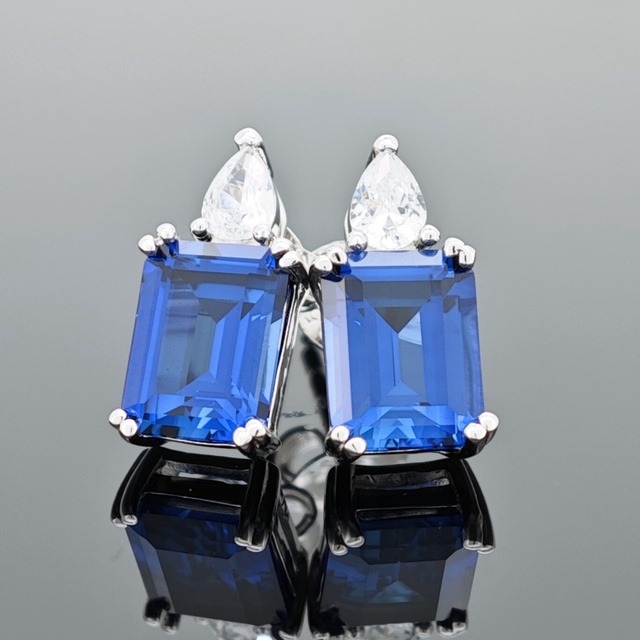 Hot Sale Lab Grown Sapphire Blue Emerald Cut Diamond Gemstone Stud Earring Rhodium Plated S925 Sterling Silver for Women Jewelry