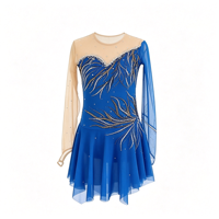 Robe de patinage artistique bleu vif avec strass, maille asymétrique, manches longues et jupe fluide pour enfants et adultes, compétition et performance