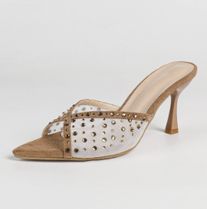 808 New Mesh <b>slippers</b> for Summer Wear, Rhinestone Bow High Heels, Slim Heels, Fashionable and Sexy Versatile Women's Shoes - Product Image 6