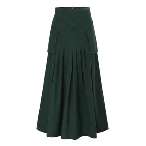 Designer Clothing Manufacturers Custom High Waist w Pockets Back Zipper Green Solid Color Stretch Thick Wool Pleated Skirt Women