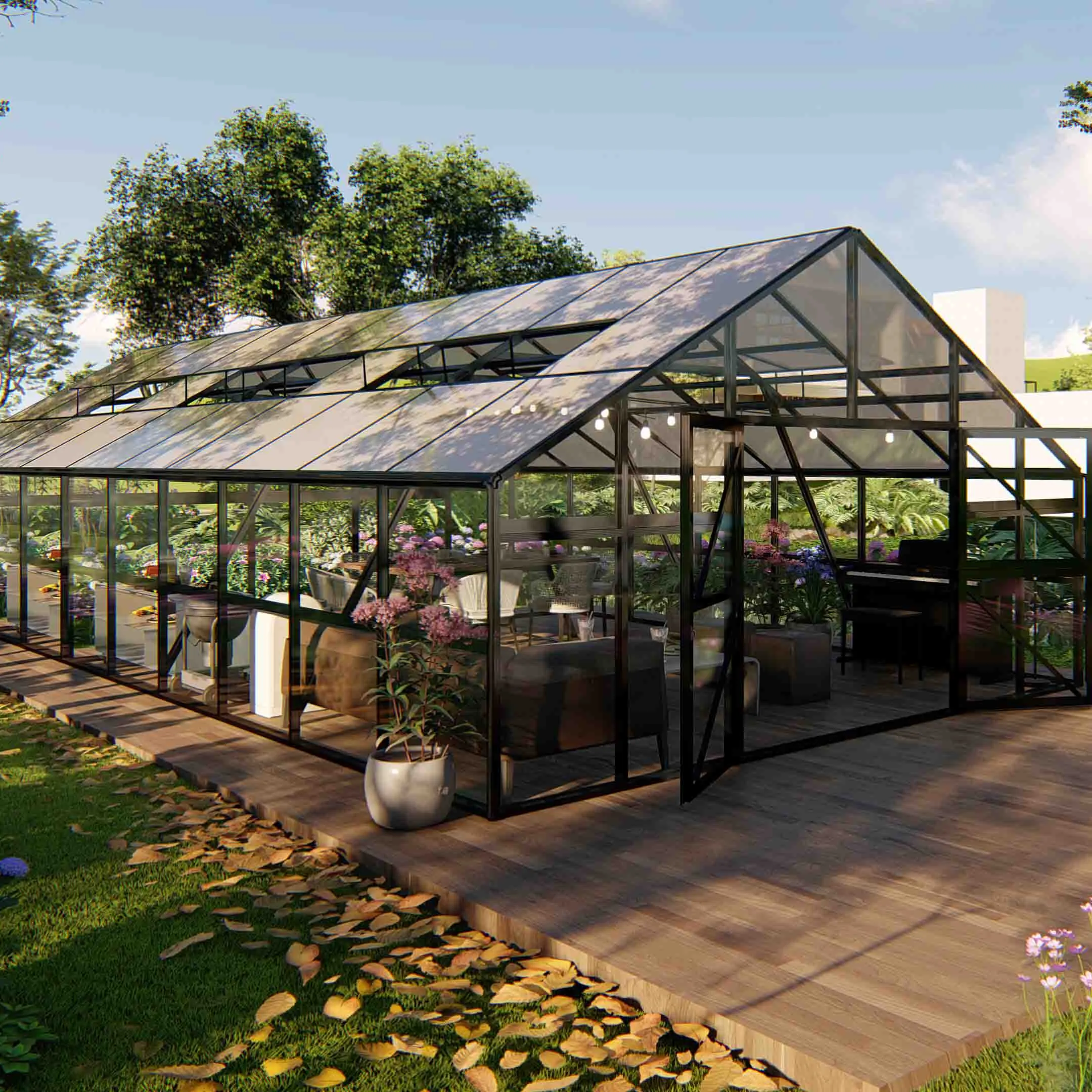 新しいデザインSunProofガーデンビルディングシングルスパン温室ガーデンアルミニウムフレームサンルーム鋼とガラスハウス温室