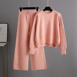Blubelle hiver solide tissé ensemble en tricot décontracté pour <span class=keywords><strong>femme</strong></span> <span class=keywords><strong>pull</strong></span> fendu + pantalon à jambes larges ensemble deux pièces - Product Image 5