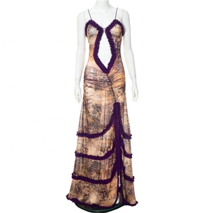 <span class=keywords><strong>Robe</strong></span> longue d'été pour femme, élégante, sexy, à volants, dos nu, fendue, en maille imprimée, froncée, en dentelle, transparente, style licou - Product Image 4
