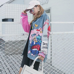 Giacche in Denim da Donna con <span class=keywords><strong>Motivi</strong></span> Cartoon Ricamati, Stile Casual Streetwear, Colore <span class=keywords><strong>Rosa</strong></span>, con Maniche in Tessuto - Product Image 4