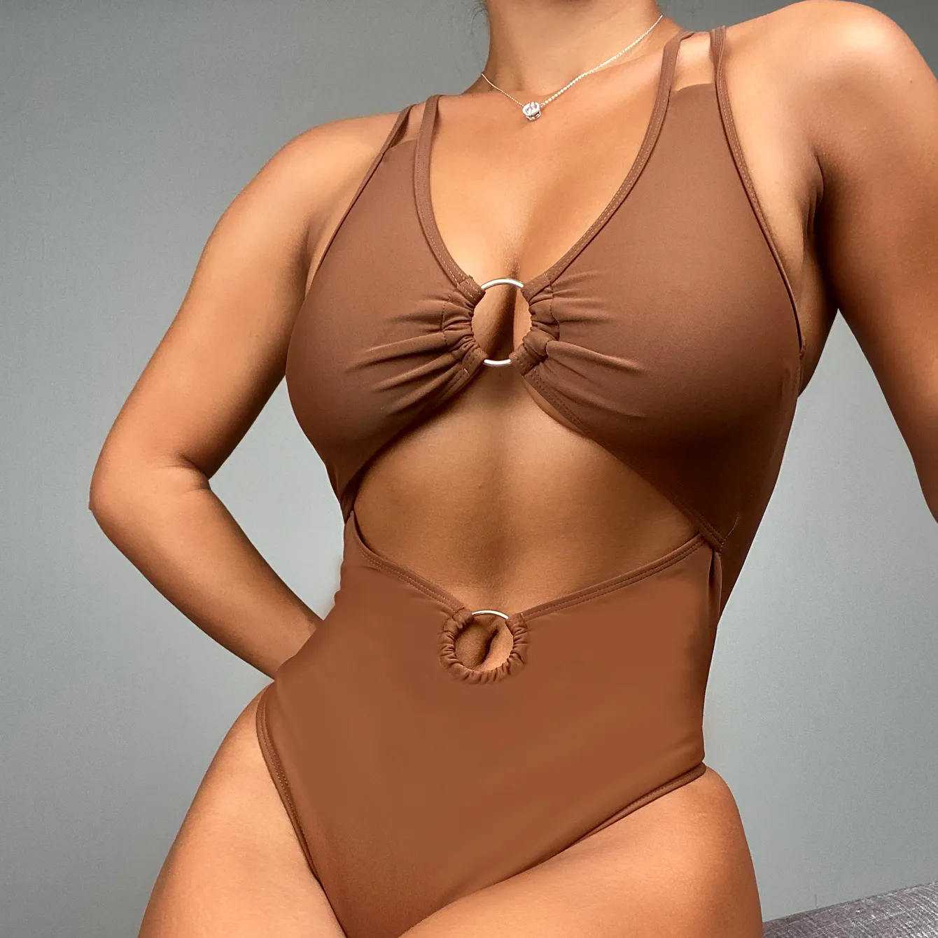New Stock Women's Back Cross Solid Color One-piece Swimsuit Brown Metal Rings Bikini Beach Wear
