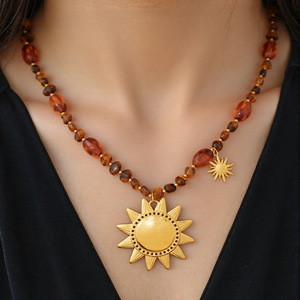 Stainless Steel Sun Pendant Necklace Resin Beaded Autumn Winter Style Women's Clavicle Chain Geometric <b>Star</b> <b>Design</b> - Product Image 1