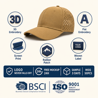 Casquette de baseball perforée découpée au laser respirante à six panneaux avec visière incurvée réglable 56-62cm Logo personnalisé Vente en gros OEM Faible MOQ