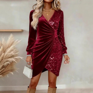 Robe moulante mi-longue à sequins pour femme, col en V, manches longues, grande taille, pour soirée glamour, idéale pour le dropshipping Shopify - Product Image 2