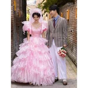 Pink Princess Ball Gown Empire Waist Sweetheart Neckline Multi Tiered Cake Skirt Wedding Dress For Travel Photography - Product Image 1