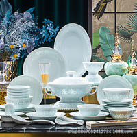 Set Perlengkapan Makan Keramik Jingdezhen Porselen Putih Tinggi Tema Bunga, Aman untuk Microwave, Berlapis Warna di Bawah Glasir, Termasuk Mangkuk Nasi dan Mangkuk Sup