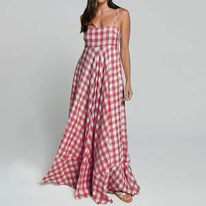 <span class=keywords><strong>Robe</strong></span> <span class=keywords><strong>longue</strong></span> d'été à carreaux pour femme avec fines bretelles et dos plissé, <span class=keywords><strong>robe</strong></span> de plage fluide de style bohème - Product Image 5
