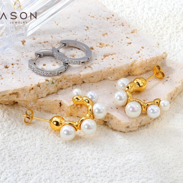 Ason New Design Jewelry Irregular Geometric Hoop Earrings 18K Gold Plated Pearl Earring Waterproof for Girls